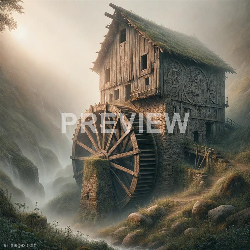 The image depicts a large, old watermill house built on a stone foundation with a massive wooden wheel attached to its side. The house has a steep, moss-covered roof and wooden walls with carved circular patterns and figures. It is situated in a misty, mountainous landscape with lush greenery and rocks surrounding it, illuminated by soft, diffused light that creates a mystical atmosphere.